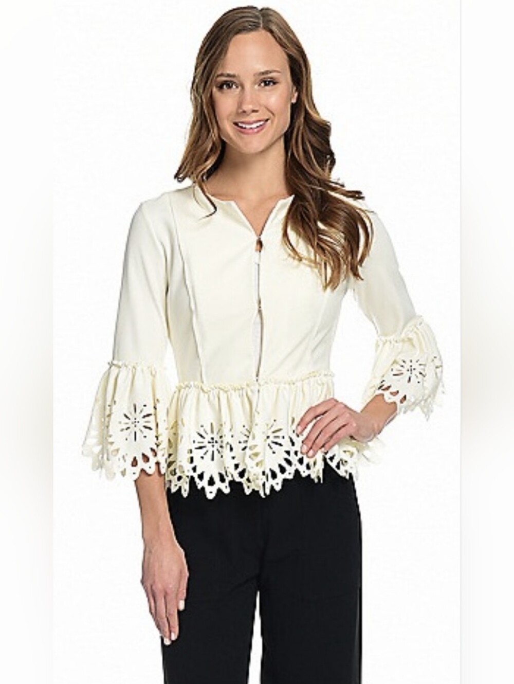 NWOT! Fall Cream Eyelet Laser Cutout Bell Sleeve Peplum Women's Jacket Medium